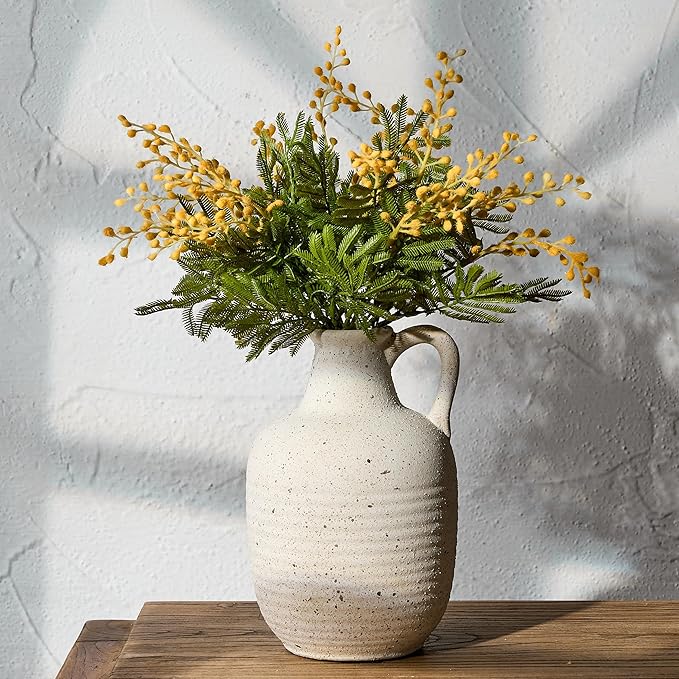 SIDUCAL Rustic Ceramic Farmhouse Flower Vase with 1 Handle-Height 8.43" Terracotta Vase, Unique Textured Pottery Flower Vases for Home Decor, Table, Wedding, Living Room, Shelf Decor, Speckled White