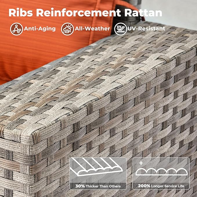 ovios 10 Pieces Patio Furniture Set, Outdoor Wicker Sectional Sofa with 30" Fire Pit Table Swivel Chairs, Modern Modular Deep Seat Rattan Couch Conversation Sets, Orange Red