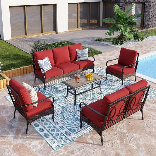 PHI VILLA Outdoor Modern Patio Furniture Set, Upgraded Wicker&Metal Patio Furniture Conversation Set with Waterproof Thick Cushions for Porch, Poolside, Deck, and Yard (5 Pieces,Red)