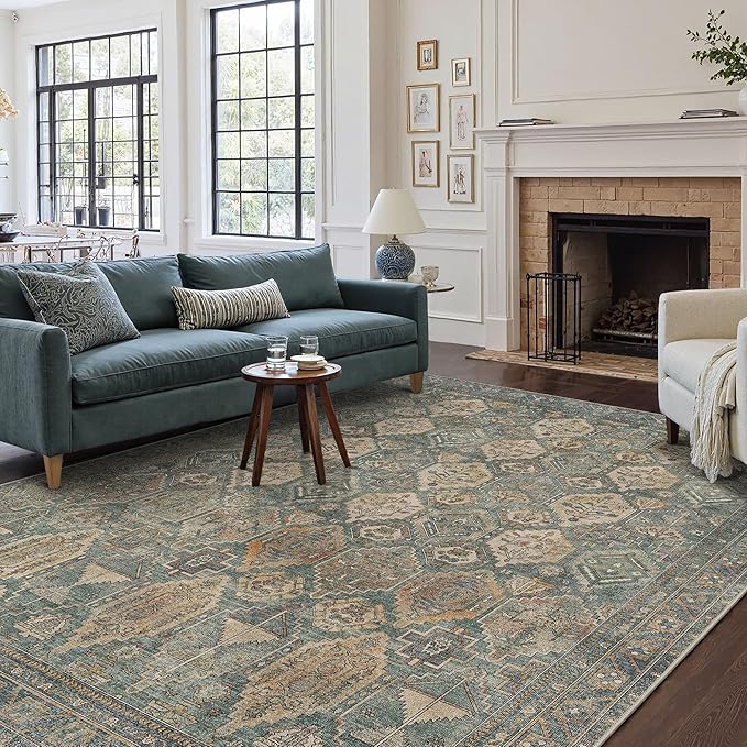 GENIMO 8x10 Area Rugs for Living Room, Machine Washable Non Slip Vintage Rugs, Low Pile Lightweight Chenille Print Rug for Bedroom, Dining Room, Home Office, Sage Teal