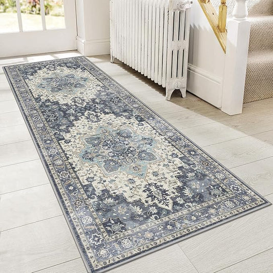 GENIMO 2x6 Runner Rugs for Hallway, Machine Washable Non Slip Vintage Rugs, Low Pile Lightweight Soft Print Rug for enrtyway, Corridor, Home Office, Kitchen, Center Blue