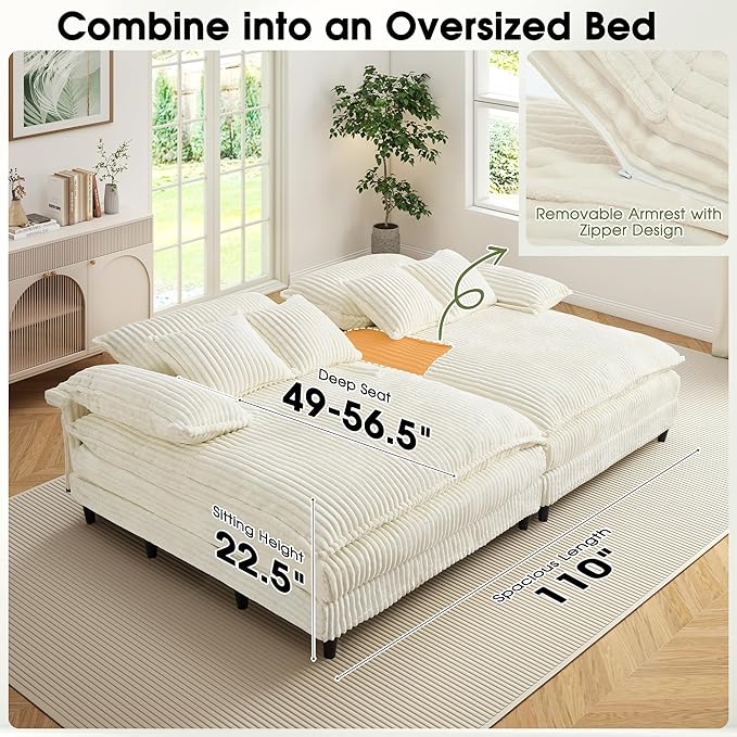 55" W Oversized Chaise Lounge Sofa Couch with 5-Position Adjustable Backrest, Corduroy Sleeper Sofa Bed, Reading Chair ‌with Deep Seat, Cloud Couches for Living Room, Beige