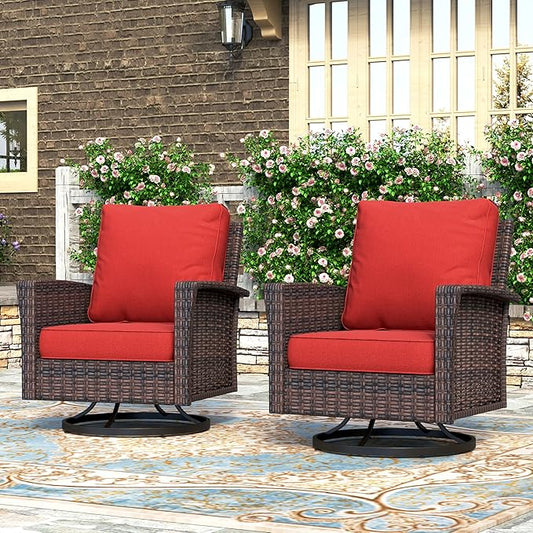 HERA'S HOUSE Outdoor Swivel Chairs with 5.5" Thick Cushions, 35" High Back Patio Furniture Sets, Oversized Wicker Rattan Chairs for Deck Balcony Backyard, Red
