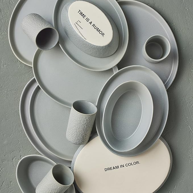 Stone Lain by Mercer Oval Stoneware 16-Piece Dinnerware Set, Light Grey