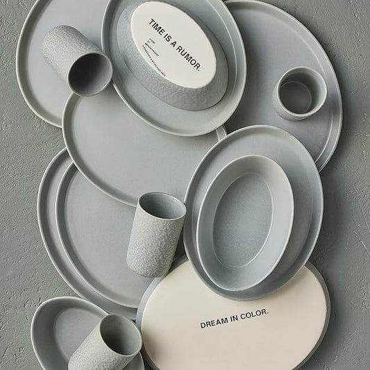 Stone Lain by Mercer Oval Stoneware 16-Piece Dinnerware Set, Light Grey