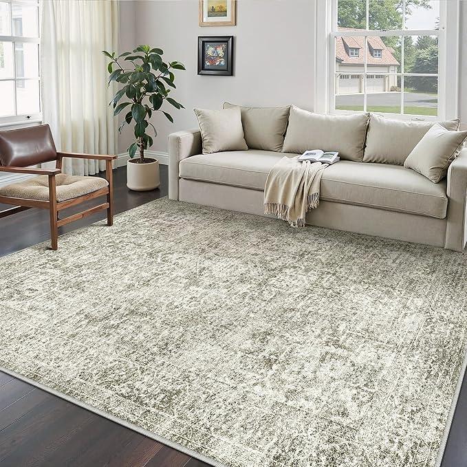 6x9 Area Rug Washable Vintage Neutral Living Room Carpet Large Indoor Non Slip Taupe Bedroom Distressed Low Pile Retro Accent Throw Rug for Dining Room