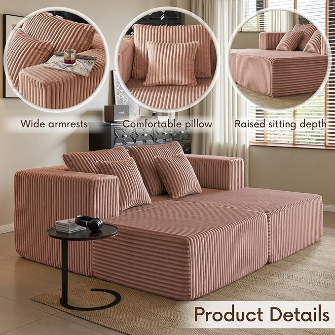 82" Oversized Chaise Lounge Chair, Corduroy Upholstered Sleeper Sofa with 4 Throw Pillows and Wide Armrest for Living Room, No Assembly Required Loveseat Couch, Pink