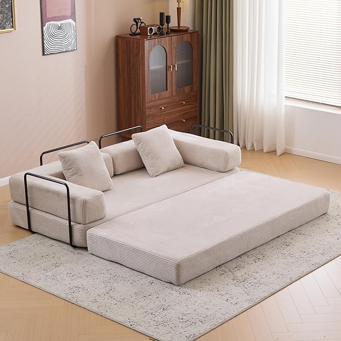 Convertible Folding Mattress Couch, Floor Sofa Bed with Fixed-Shape Frame, Corduroy Floor Sofa with Armrest, Floor Sofa Lounge Couch for Living Room Bedroom Lounge Studio-Clay Beige