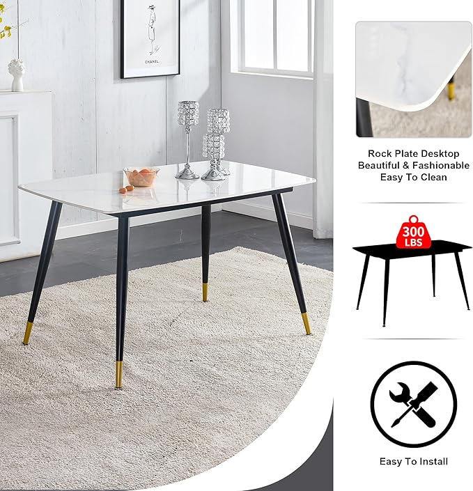 Modern Dining Table Set for 4, 50" Sintered Stone Kitchen Table and 4 Upholstered Suede Leather Chair Dining Room Table Set for 4(1White Table and Brown Chairs Set of 4)