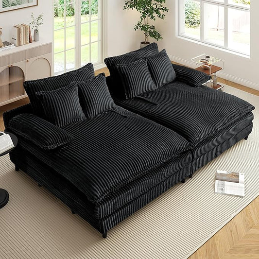 110" W Oversized Double Chaise Lounge Sofa Couch, Corduroy Sleeper Sofa Bed with Adjustable Backrest, Modern Upholstered Cloud Couch with Deep Seat & Pillows for Living Room, Black