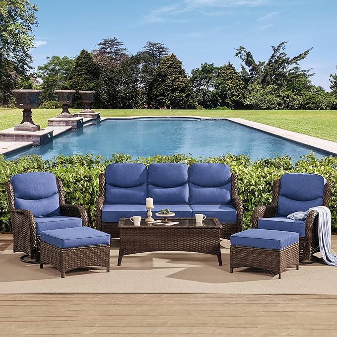 HILLGA Luxury High Back Patio Furniture Set with 6-Inch Thick Cushion, 6-Piece Outdoor Conversation Set with Sofa, Swivel Rocker Chairs & Ottomans, Ideal for Porch Pool Deck Yard (Blue)