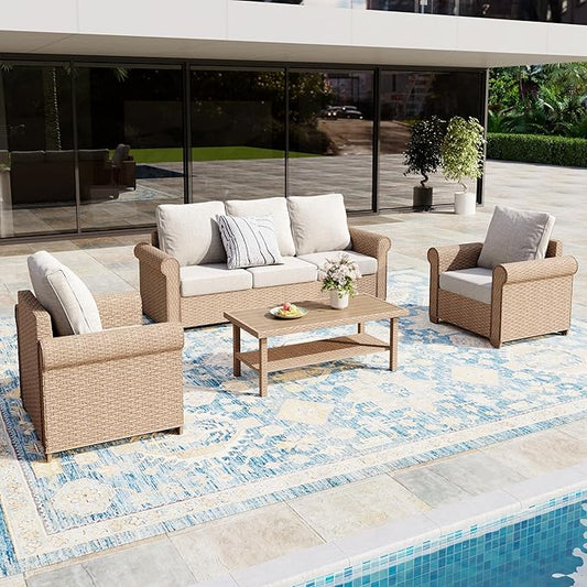 Patio Furniture Set 4 pcs, Wicker Outdoor Patio Furniture, 3-Seat Sofa, 2 Single Chairs and Coffee Table, Rattan Patio Conversation Set for Backyard Deck, Beige