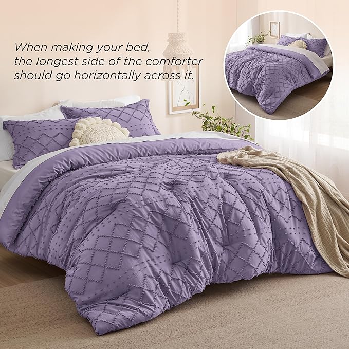 Bedsure King Comforter Set - Grayish Purple Comforter, Boho Tufted Shabby Chic Bedding for Kids, 3 Pieces Vintage Farmhouse Bed Set for All Seasons, Fluffy Soft Bedding with 2 Pillow Shams