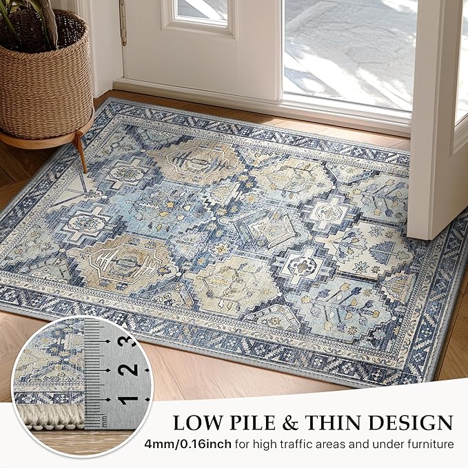 GENIMO 3x5 Area Rugs for Living Room, Machine Washable Non Slip Vintage Rugs, Low Pile Lightweight Chenille Print Rug for Bedroom, Dining Room, Home Office, Brown Blue