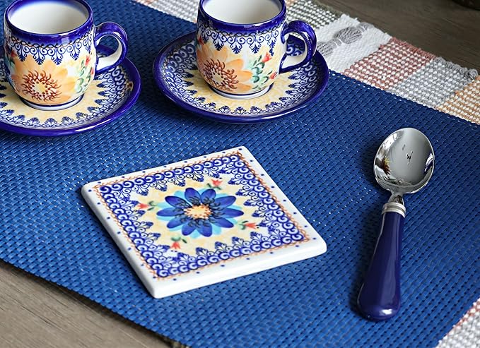 Blue Rose Polish Pottery - Orange Autumn Burst Tile - 4.5" Square - Ceramic Decorative Tile for Kitchen Backsplash, Trivet or Wall Art