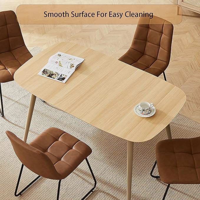 Modern 4-Piece Dining Table Set for 4 | 55-Inch Wood Kitchen Table & 4 Brown Leather Chairs | Space-Saving Dining Set for Small Spaces, Breakfast Nook, Dining Room