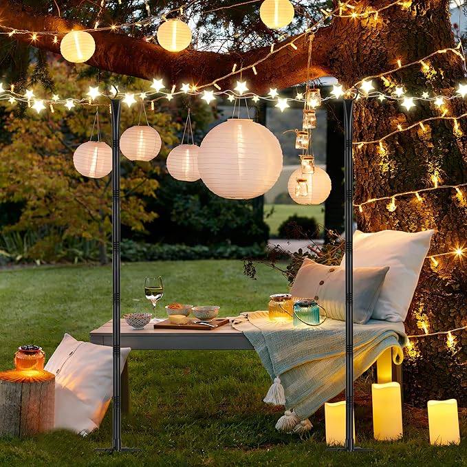 Suchtale 8.5FT Poles for String Lights with Forks, 4 Pack Metal Stands with Hooks & 5-Prong Base for Garden, Patio, Fence, Deck, Backyard, Wedding, Black, Built for Tough Environments