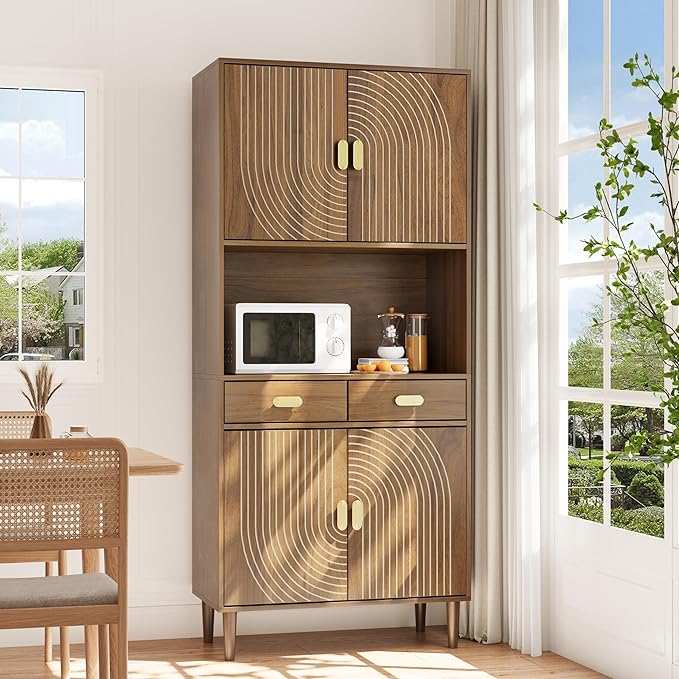 Smuxee 70.87" Walnut Kitchen Pantry Cabinet, Tall Food Pantry Cabinet with Line Groove Design, Kitchen Hutch with Microwave Stand for Dining Room Living Room