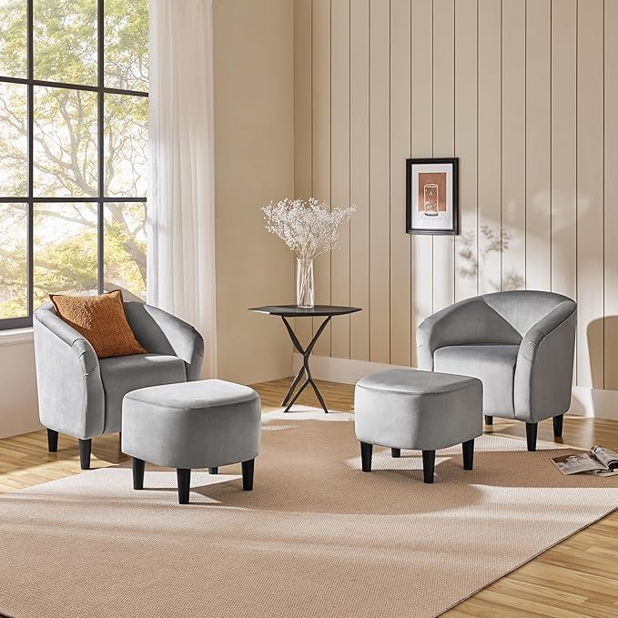 Yaheetech Accent Chair with Foot Rest, Mid Century Modern Upholstered Soft Barrel Chair Comfy Fabric Armchair and Footrest Set for Living Room/Bedroom/Reading Room, Gray, 2pcs