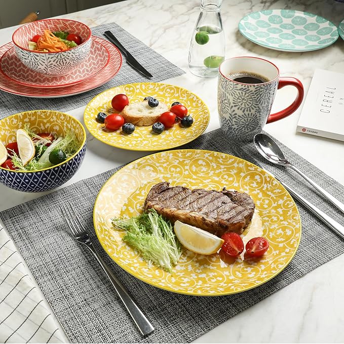 Selamica Ceramic Dinnerware Sets for 4, 16 Pieces Plates and Bowls Sets, Dishes set for 4-Chip and Scratch Resistant, Dishwasher&Microwave Safe, Assorted Colors