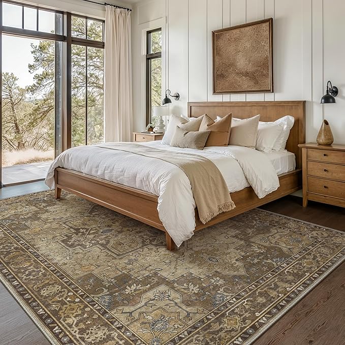 GENIMO 7'6''x9'6'' Area Rugs for Living Room, Machine Washable Non Slip Vintage Rugs, Low Pile Lightweight Chenille Print Rug for Bedroom, Dining Room, Home Office, Rustic Brown