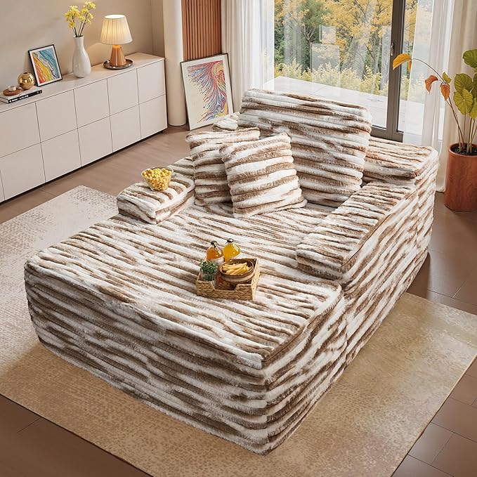 Chaise Lounge Chair Indoor, 67" Oversized Comfy Faux Fur Sleeper Sofa Bed, Boneless Upholstered Recliner Bed with Pillows and Wide Armrests, Modern Cloud Couch for Living Room, Brown+White