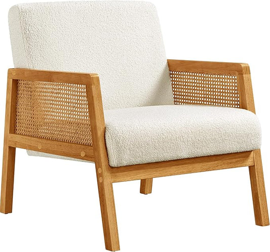 Yaheetech Boucle Fabric Accent Chair, Vintage Rattan Vanity Chair with Wood Armrest and Legs for Living Room Bedroom Makeup Room, Ivory 1