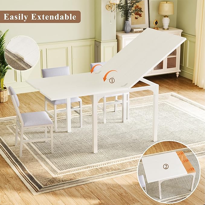 7-Piece Dining Table Set for 4-6, Extendable Kitchen Table Cushion Chairs Set of 6 with 6 Chairs, Rectangle Dining Table with Metal Frame & MDF Board, Folding for Small Apartment Saving Space, White