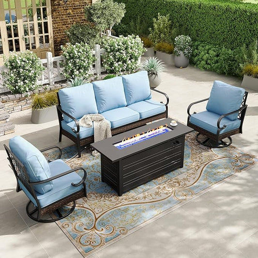 HERA'S HOUSE 4 Piece Patio Furniture Set with 56" Fire Pit Table, 2 x Swivel Cushioned Chair, 1 x 3-Seat Sofa, 5-Seats Outdoor Conversation Set for Lawn Garden Deck, Blue