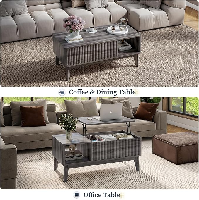 LYNCOHOME Fluted Lift Top Coffee Table with Storage,Modern Center Table for Living Room, Home Office（Grey）