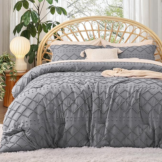 Bedsure Queen Comforter Set - Grey Comforter, Boho Tufted Shabby Chic Bedding for Kids, 3 Pieces Vintage Farmhouse Bed Set for All Seasons, Fluffy Soft Bedding with 2 Pillow Shams