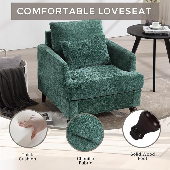 Furnilivng Mid-Century Modern Accent Chair, Comfortable Chenille Lounge Armchair, Upholstered Cozy Single Sofa Chair for Living Room, Bedroom, Reading Room, Home Office, Green