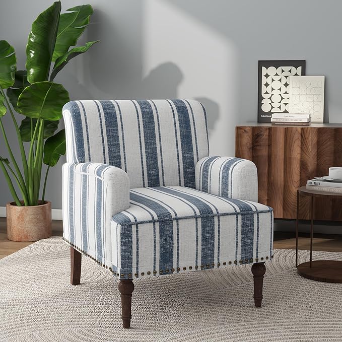Modern Accent Chair with Arms,Mid Century Stripe Armchair for Living Room,Comfy Linen Fabric Single Sofa for Apartment Bedroom,Comfortable Cushioned Seat for Reading Home Office-Dark Blue Stripe