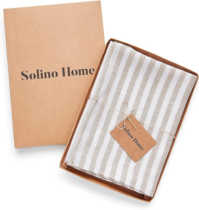 Solino Home Linen Napkins Set of 4-100% Pure Linen Amalfi Stripe Natural and White Cloth Dinner Napkins 20 x 20 Inch for Fall, Autumn, Thanksgiving, Christmas - Handcrafted and Machine Washable