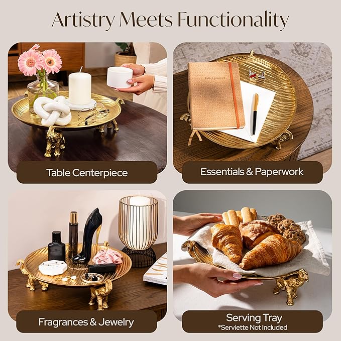 Round Decorative Tray with Elephant Stands, Golden – Tray for Coffee Table, Home Decor, Centerpiece, Serving Platter & More – Circular Tray with Symbolic Elephants