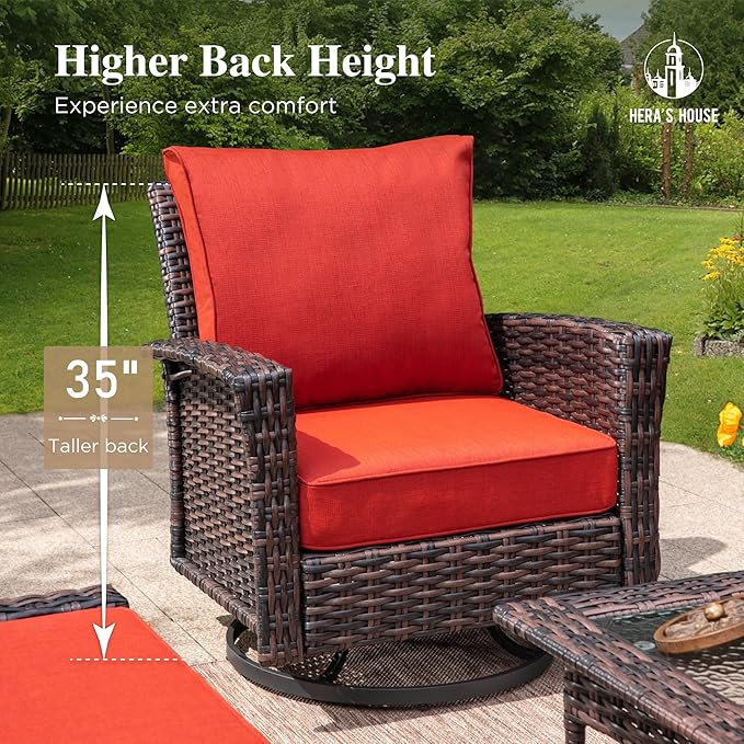 HERA'S HOUSE Red Outdoor Furniture Set with 35" High Back Swivel Chairs, Wicker Patio Conversation Sets with 5.5" Waterproof Cushions for Deck Lawn Yard