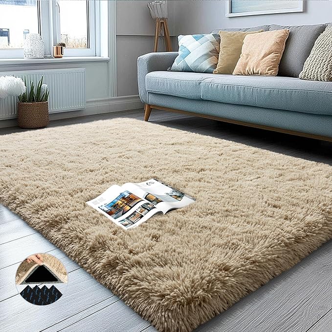 3x5 Area Rug for Bedroom, Soft Rugs for Living Room Nursery Kids Room Dorm Home Decor Aesthetic, Fluffy Shaggy Rug with 4 Anti-Slip Carpet Tapes, Light Tan