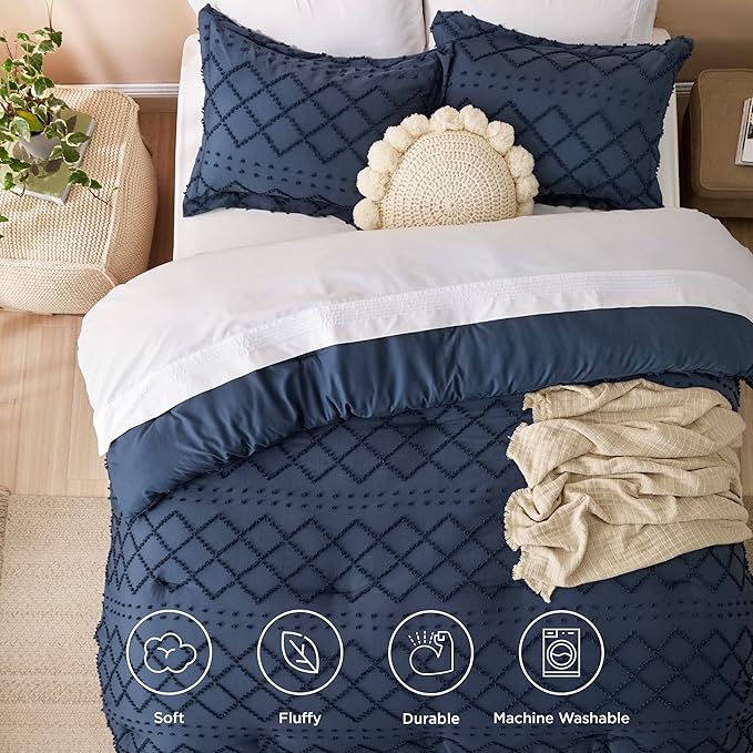 Bedsure King Comforter Set - Navy Blue Comforter, Boho Tufted Shabby Chic Bedding for Kids, 3 Pieces Vintage Farmhouse Bed Set for All Seasons, Fluffy Soft Bedding with 2 Pillow Shams
