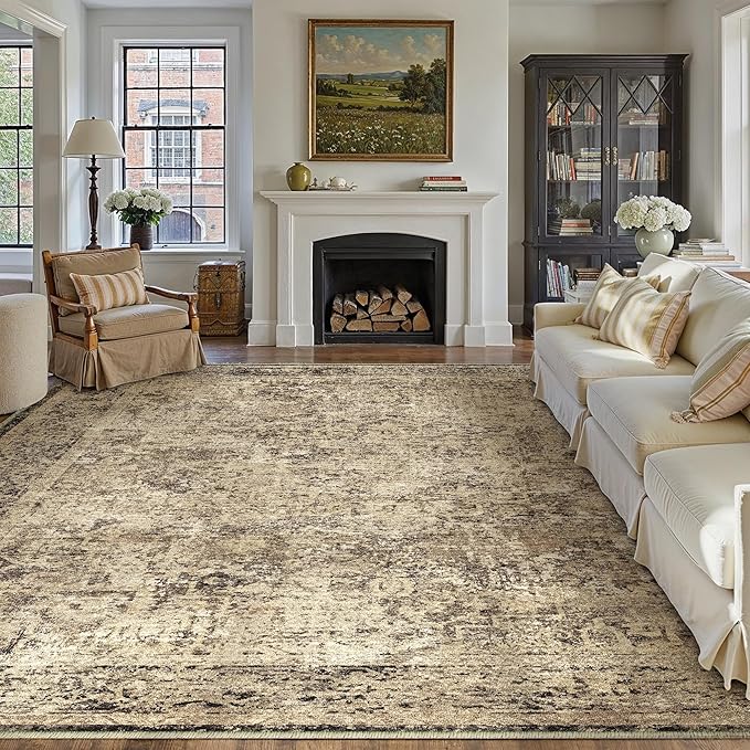 9x12 Area Rug Washable Vintage Neutral Living Room Carpet Large Indoor Non Slip Brown Bedroom Distressed Low Pile Retro Accent Throw Rug for Dining Room