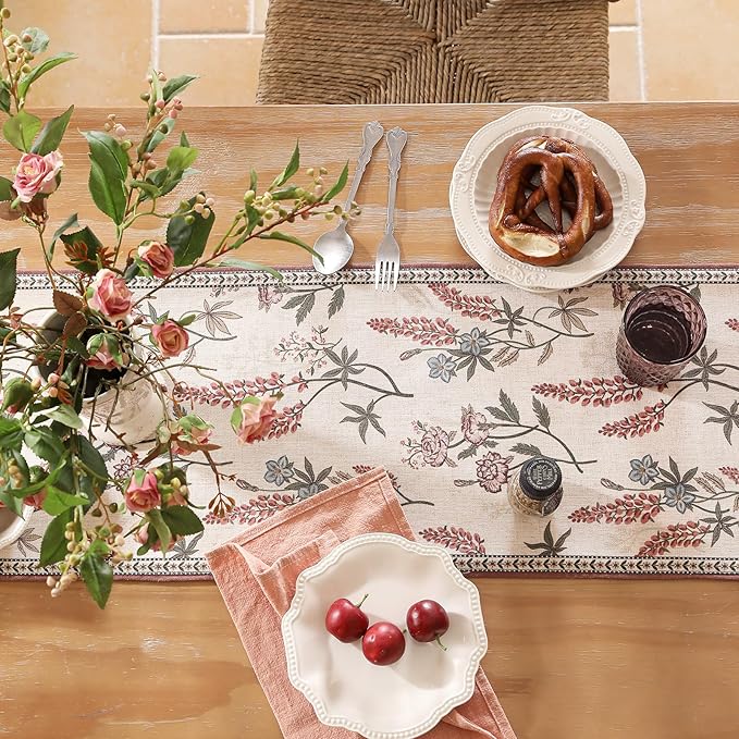 Designer Light Beige Linen Extra Long Table Runner 118 Inches,Vintage Floral Wrinkle Resistant Table Runners for Dining Tables,Christmas,Thanksgiving,Kitchen Tables,12"*118"-Helena A