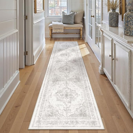 Runner Rug 3x8 Washable Light Gray Hallway Runner Vintage Boho Medallion Non Slip Grey Distressed Retro Carpet Indoor Low Pile Long Soft Rug for Kitchen Entryway Bedroom Bathroom Laundry