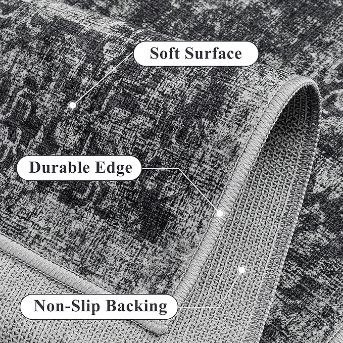 Dark Black Area Rug 9x12 Machine Washable Large Vintage Living Room Distressed Non Slip Carpet Traditional Indoor Bedroom Retro Floral Accent Throw Rug for Office Kitchen Dining Room