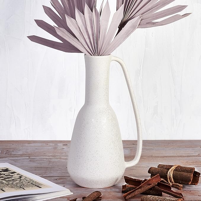 BlossoME Ceramic White Vase 12 inch Tall with Handle Matte Glazed Pottery Vessel Rustic Stoneware Table Decor Neutral Clay Jug Centerpiece Slender Shelf Book Pitcher Decor Flower Vessel