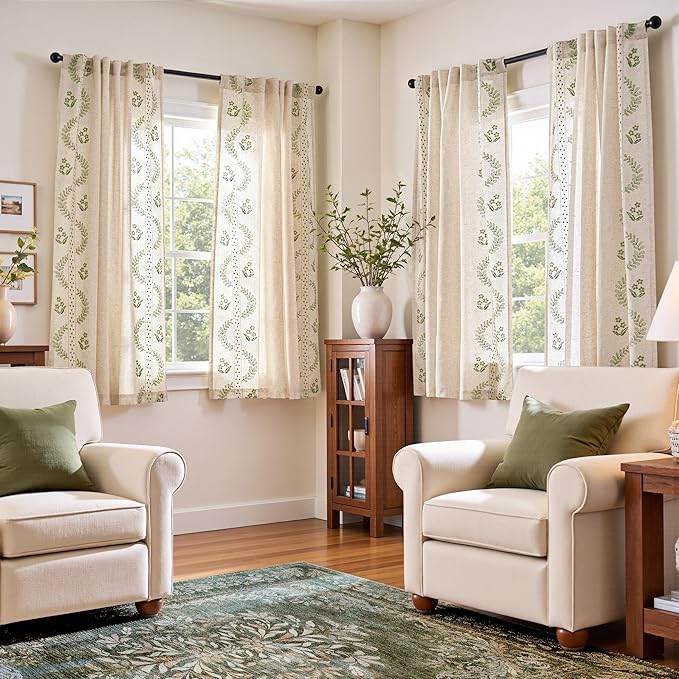 jinchan Belrose Linen Curtains for Bedroom Floral Curtains 63 Inch Length Sage Green Embroidered Drapes Farmhouse Flower Patterned Drapes for Living Room Window Treatments Sets 4 Panels