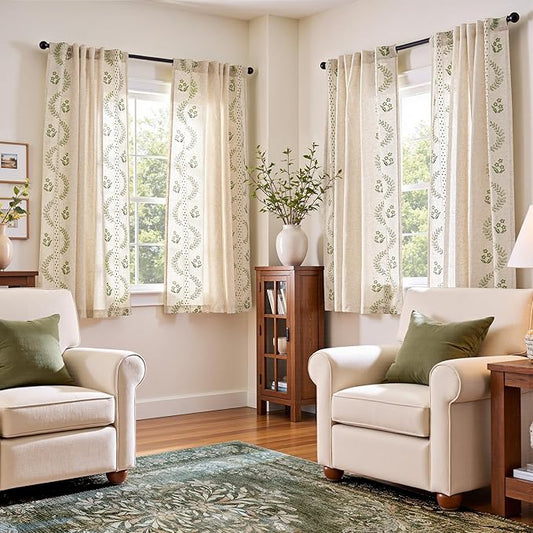 jinchan Belrose Linen Curtains for Bedroom Floral Curtains 63 Inch Length Sage Green Embroidered Drapes Farmhouse Flower Patterned Drapes for Living Room Window Treatments Sets 4 Panels