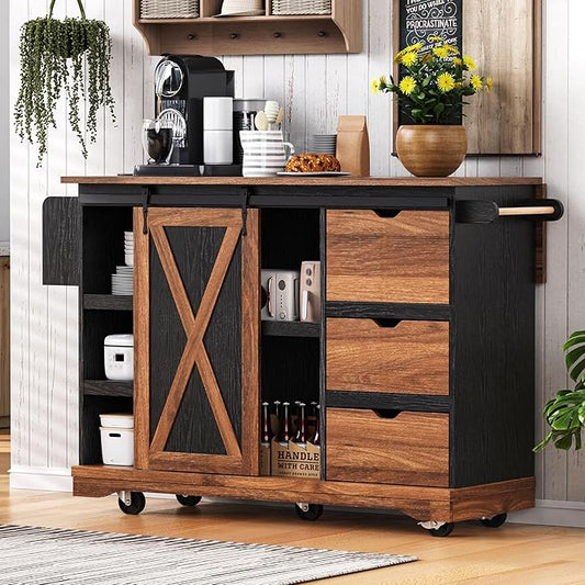 55.5" Farmhouse Kitchen Island with Drop Leaf, Kitchen Storage Island with Barn Door, Power Outlet, for Home, Kitchen, Dining Room, Black