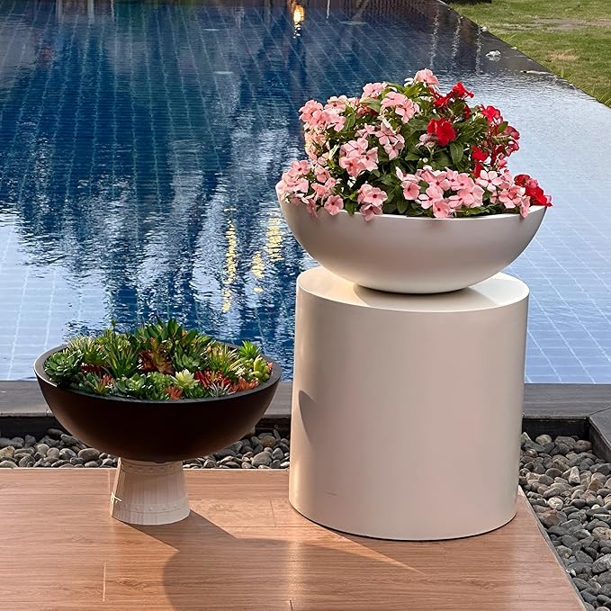 6.9" H x 19.7" D Round Bowl Fiberstone Planter for Succulent and Lotus, Drainage Hole, Weather Resistant for Indoor and Outdoor Use, Included 2 Extra Coco Mats (Taupe, 17.9" Pot Opening)
