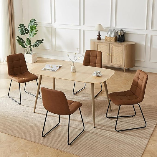 Modern 4-Piece Dining Table Set for 4 | 55-Inch Wood Kitchen Table & 4 Brown Leather Chairs | Space-Saving Dining Set for Small Spaces, Breakfast Nook, Dining Room