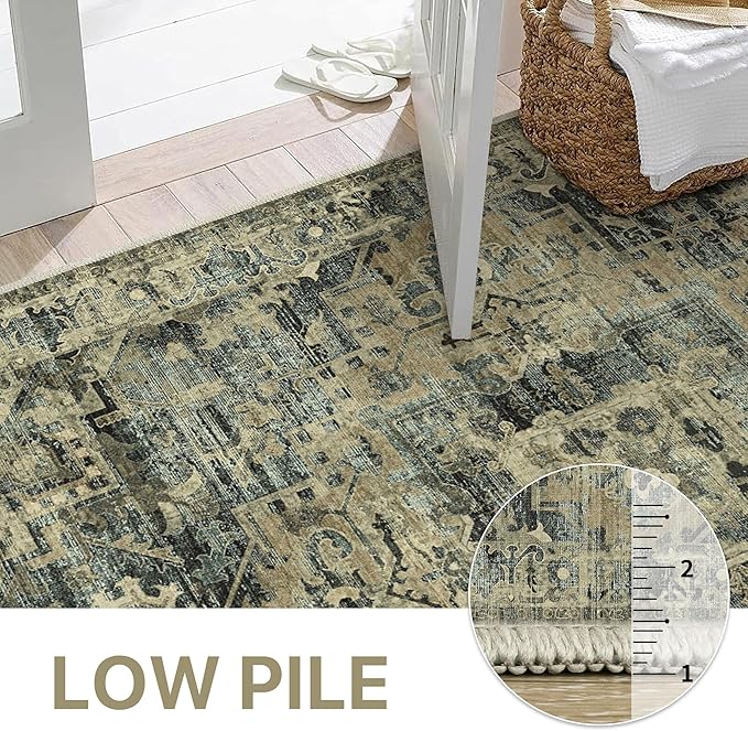 GENIMO Machine Washable 9x12 Area Rugs for Living Room, Non Slip Vintage Rugs, Low Pile Lightweight Chenille Print Rug for Bedroom, Dining Room, Home Office, Tawny Sage