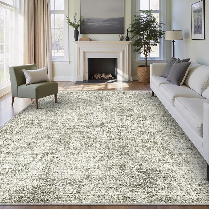 6x9 Area Rug Washable Vintage Neutral Living Room Carpet Large Indoor Non Slip Taupe Bedroom Distressed Low Pile Retro Accent Throw Rug for Dining Room